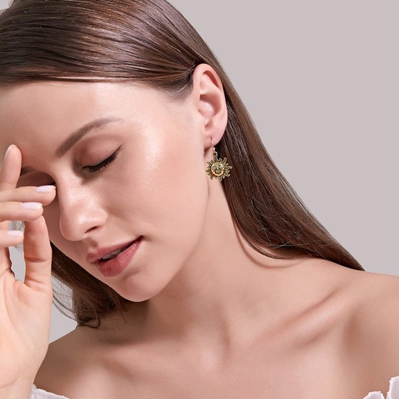 Boho Crescent Sun Face Drop Earrings - Picture 3 of 10